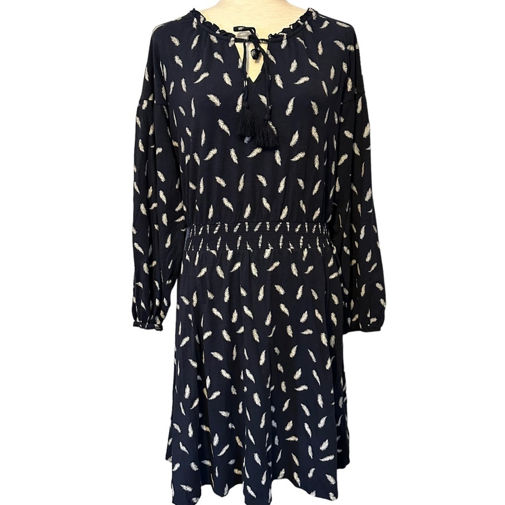 Garnet Hill Organic Cotton Feather Print Tassel Dress Boho Cottagecore M #48697